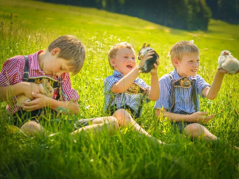 Drei Jungen in Lederhosen halten kleine Hasenbabys in einer Wiese.